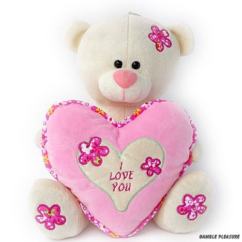 Cuddly bear white with pink heart and text I love you