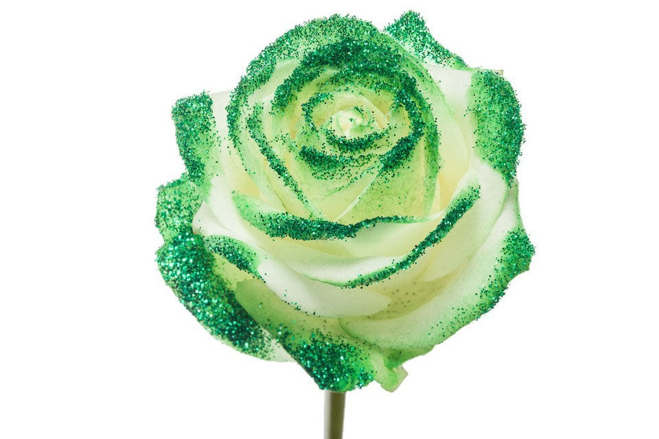 Bouquet aus weißen großen Rosen mit grünem Glitzer