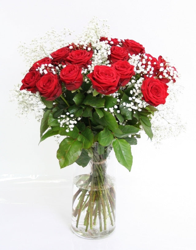 Red Rose Bouquet From 20 Red Roses With Gypsophile