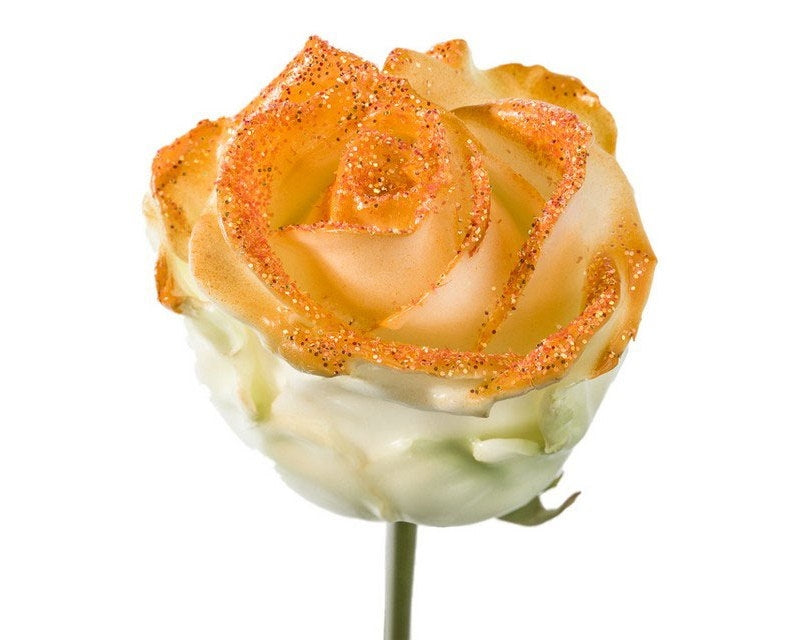 Bouquet aus großen Wachsrosen weiß mit orangefarbenem Glitzer