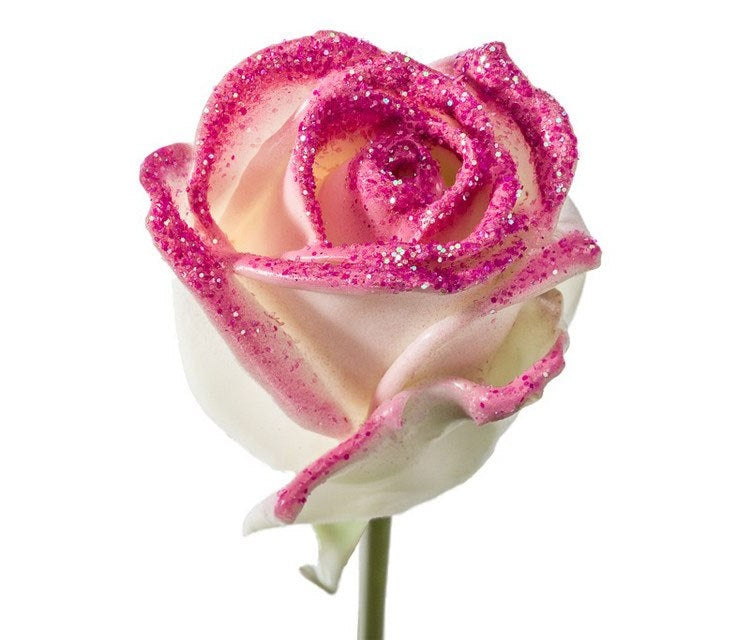 Wachsrosen Bouquet Weiß mit rosa Glitzer