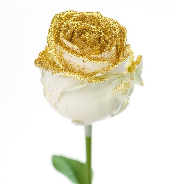 Bouquet de roses de cire blanc avec des paillettes dorées