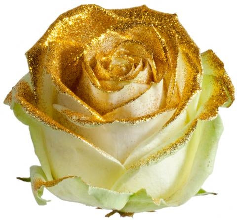 Blumenstrauß langer weißer Rosen mit goldenem Glitzer