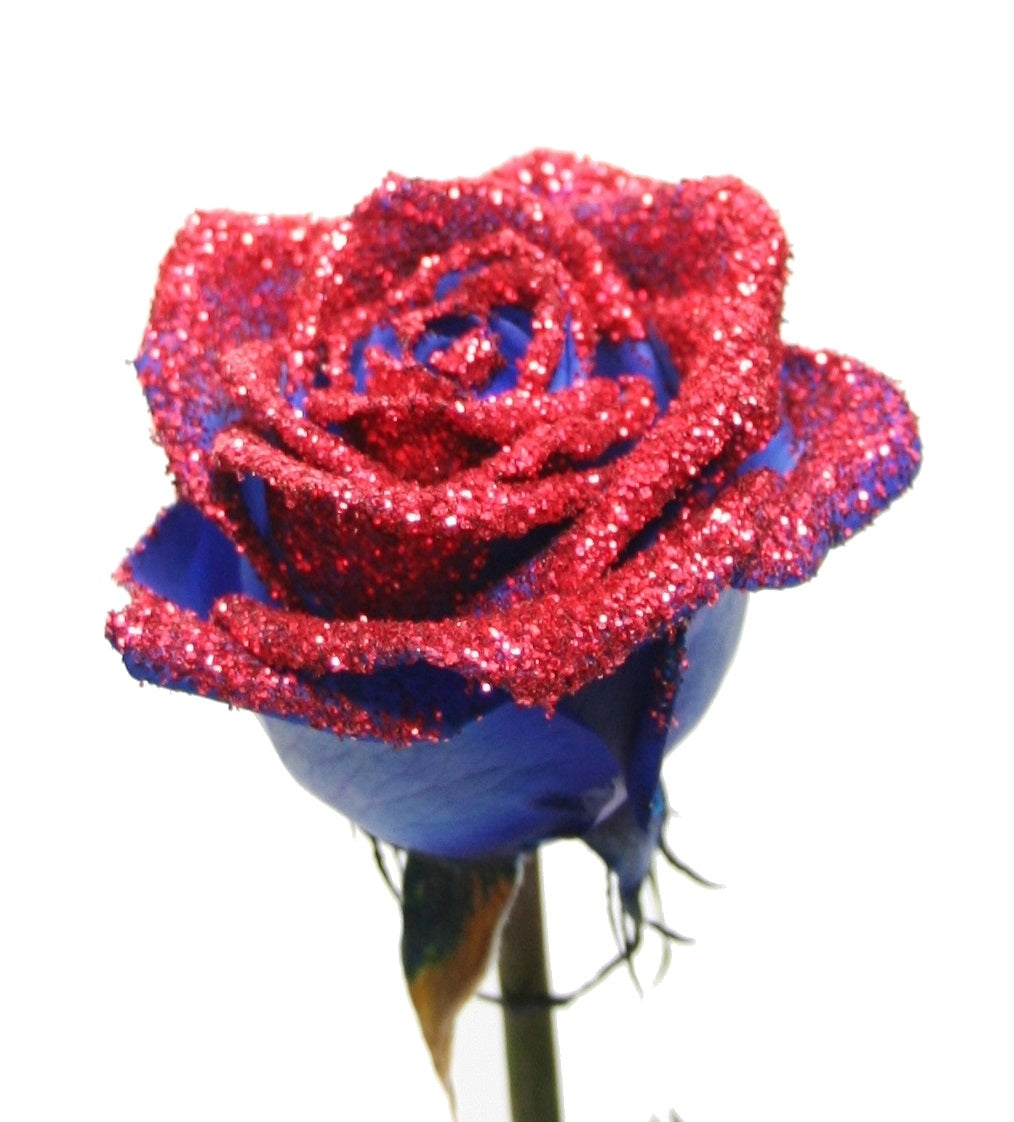 Bouquet rose de roses bleues avec des paillettes rouges